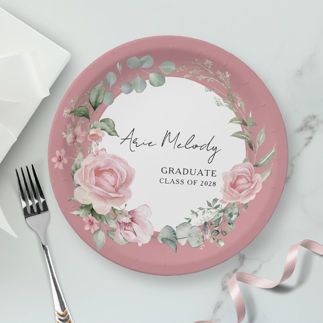 Modern Pink Roses Script Class of Graduation Paper Plates (Creator Uploaded)