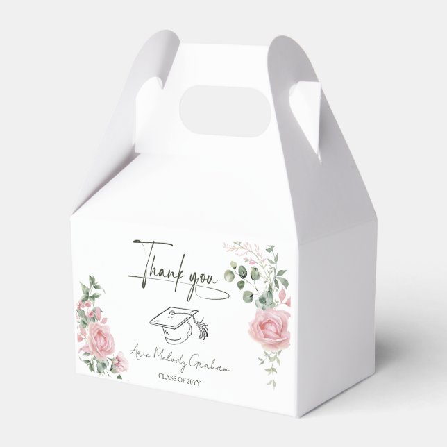 Modern Pink Roses Script Graduation Favor Boxes (Front Side)