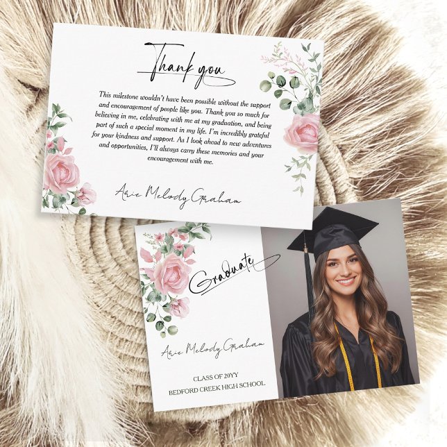 Modern Pink Roses Script Graduation Photo Thank You Card (Creator Uploaded)