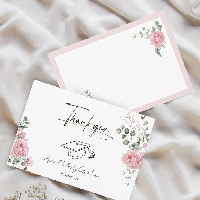 Modern Pink Roses Script Graduation Thank You Card (Creator Uploaded)