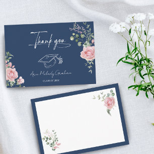 Modern Pink Roses Script Graduation Thank You Card