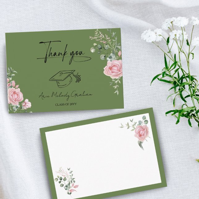 Modern Pink Roses Script Graduation Thank You Card (Creator Uploaded)