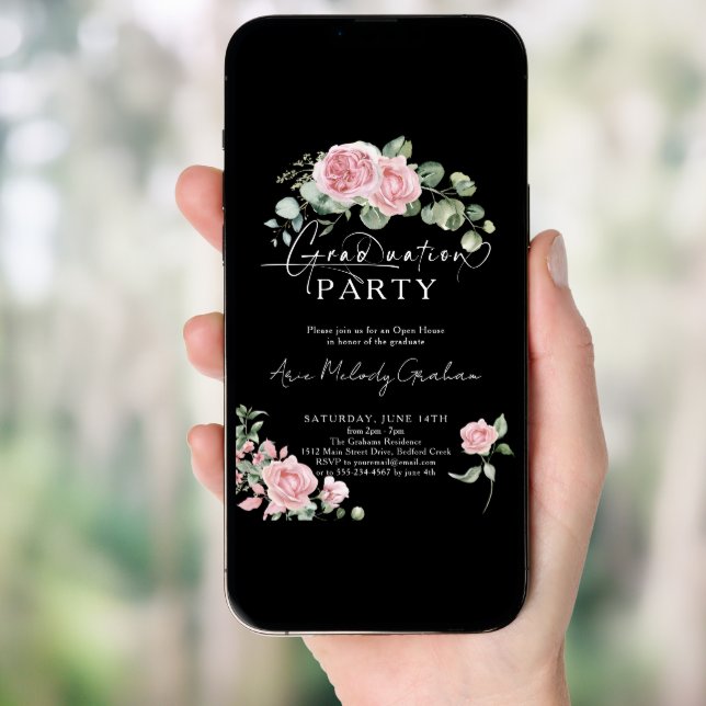 Modern pink roses script photo graduation invitation (Front Digital)