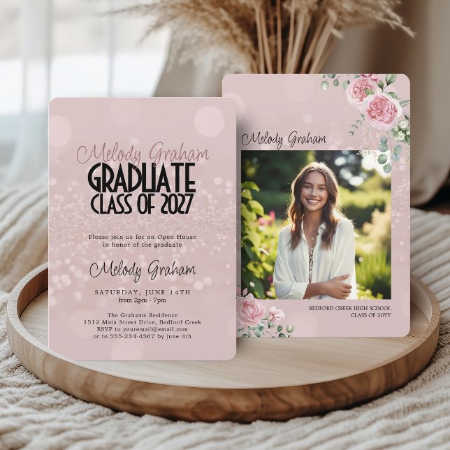 Modern pink roses script photo graduation invitation (Creator Uploaded)
