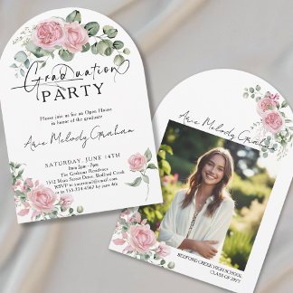 Modern pink roses script photo graduation invitation