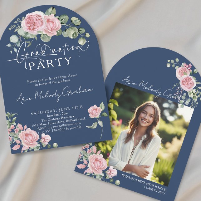 Modern pink roses script photo graduation invitation (Creator Uploaded)
