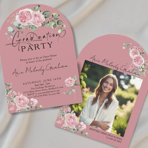 Modern pink roses script photo graduation