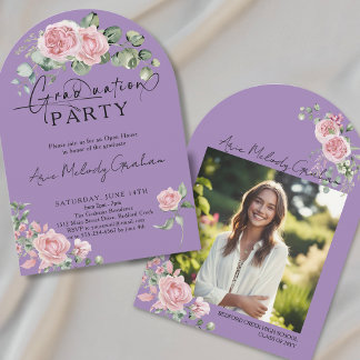 Modern pink roses script photo graduation invitation