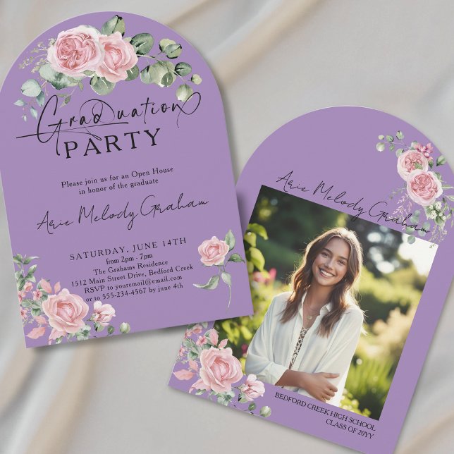 Modern pink roses script photo graduation invitation (Creator Uploaded)