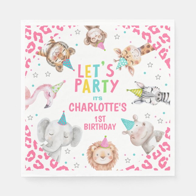 Modern Pink Safari Calling Party Animals Birthday  Napkins (Front)