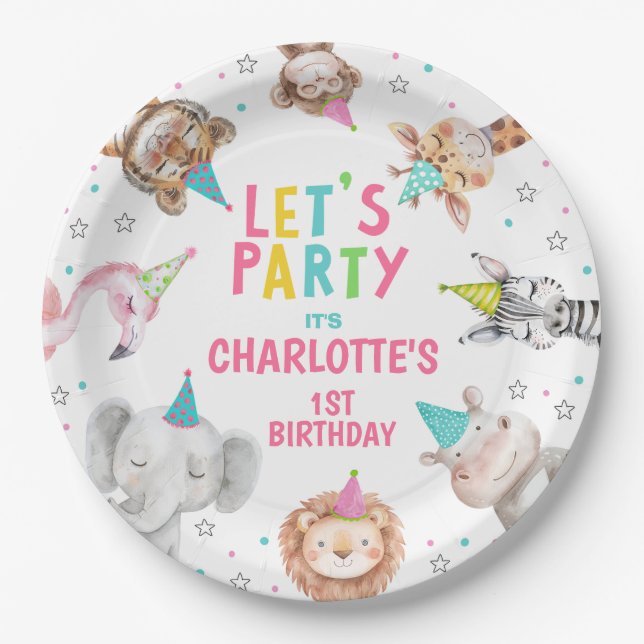 Modern Pink Safari Calling Party Animals Birthday Paper Plates (Front)