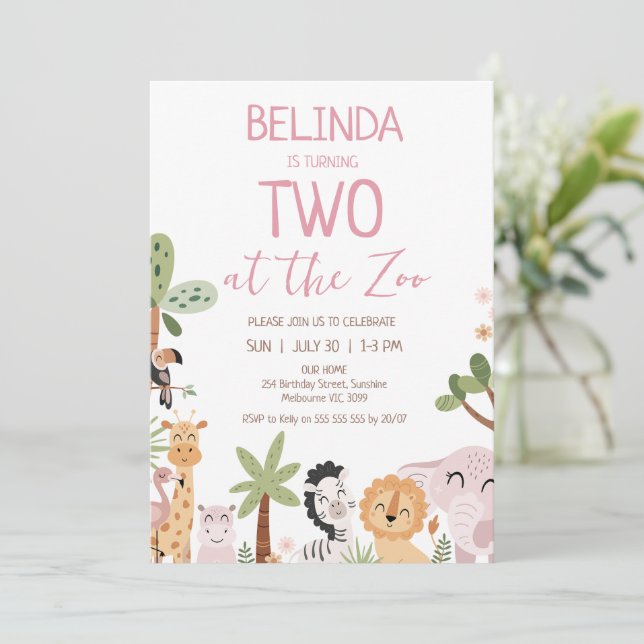Modern Pink Safari Two At The Zoo 2nd Birthday Invitation (Standing Front)