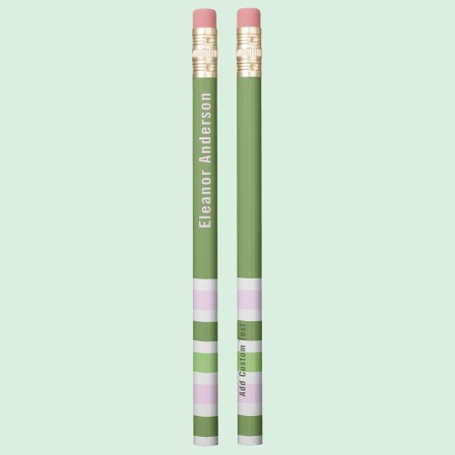 Modern Pink Sage Green Pastel Stripes Personalized Pencil