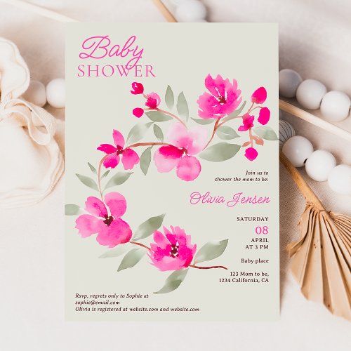 Modern pink sakura floral watercolor baby shower invitation