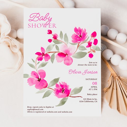 Modern pink sakura floral watercolor baby shower invitation