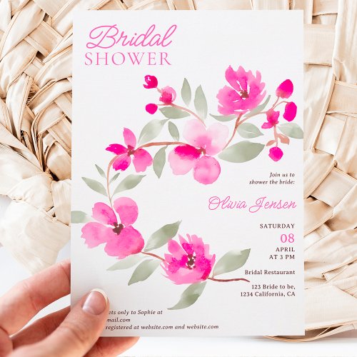 Modern pink sakura floral watercolor bridal shower invitation
