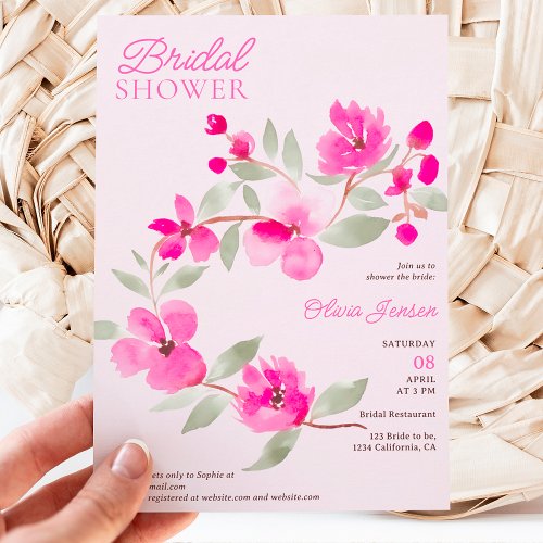 Modern pink sakura floral watercolor bridal shower invitation