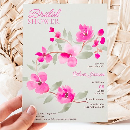 Modern pink sakura floral watercolor bridal shower invitation