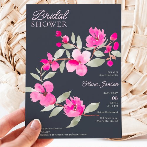 Modern pink sakura floral watercolor bridal shower invitation