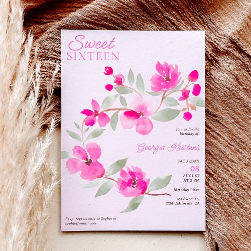 Modern pink sakura floral watercolor Sweet 16 Invitation