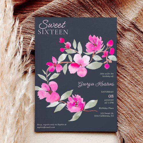 Modern pink sakura floral watercolor Sweet 16 Invitation