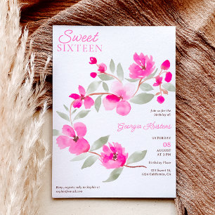 Modern pink sakura floral watercolor Sweet 16 Invitation