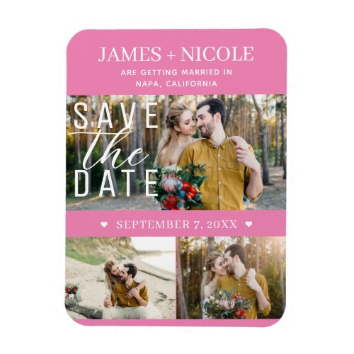 Modern Pink Save the Date Wedding 3 Photos Magnet