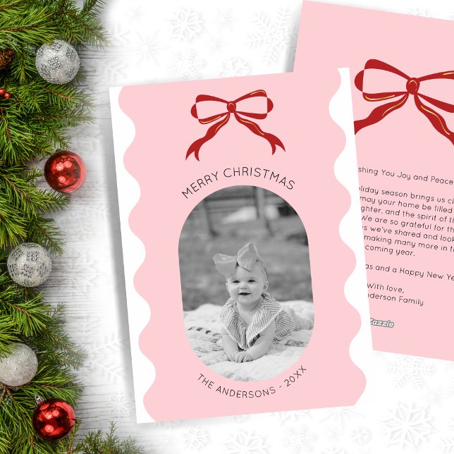 Modern Pink Scalloped Red Bow Christmas Photo  Holiday Card (Creator Uploaded)