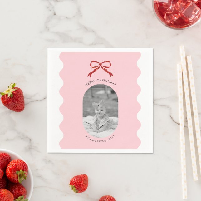 Modern Pink Scalloped Red Bow Christmas Photo  Napkins (Insitu)