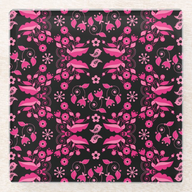 Modern Pink Scandinavian Floral Pattern Glass Coaster (Front)