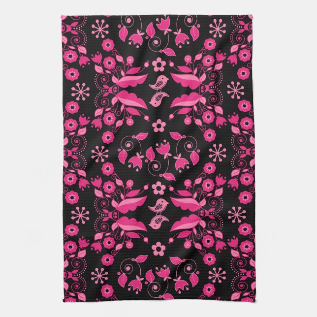 Modern Pink Scandinavian Floral Pattern Kitchen Towel (Vertical)