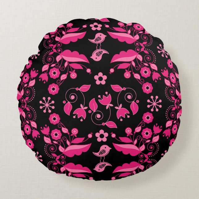 Modern Pink Scandinavian Floral Pattern Round Pillow (Front)