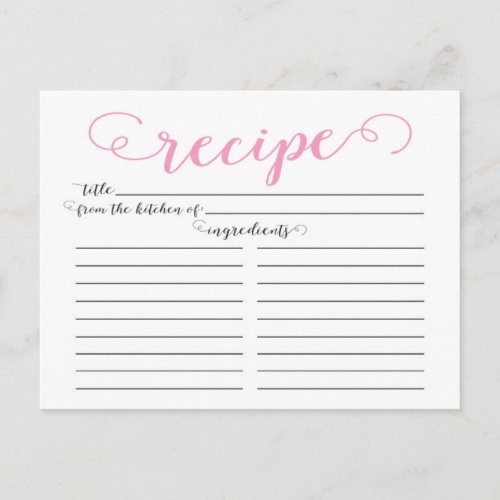 Modern Pink Script Bridal Shower Recipe Cards