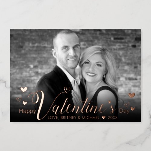 Modern Pink Script Chic Hearts Black White Photo Foil Holiday Card