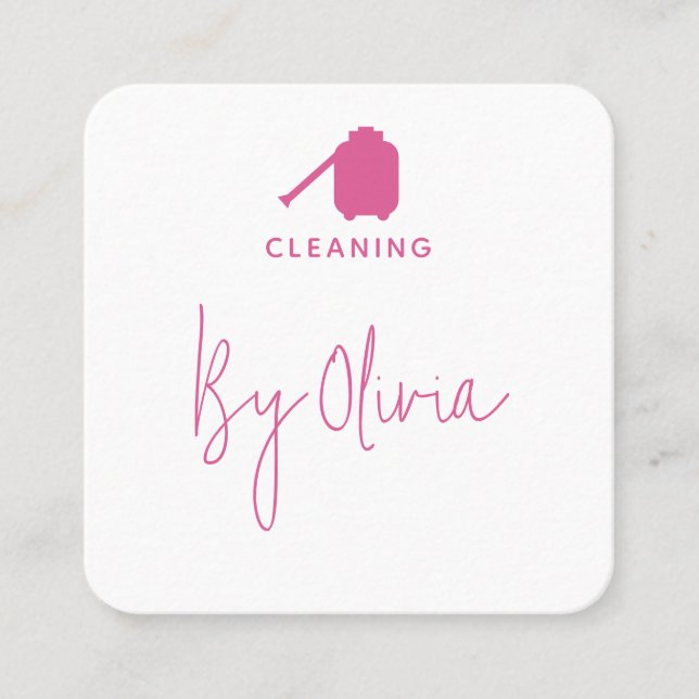 Modern Pink Script Cleaning Service  Square Business Card (Front)