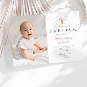 Modern Pink Script Cross Girl Photo Baptism Invitation
