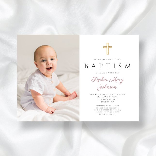 Modern Pink Script Cross Girl Photo Baptism Invitation (Modern Pink Script Cross Girl Photo Baptism Invitation)