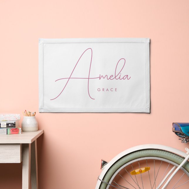 Modern Pink Script Custom Name Kids Room Wall Pennant (Insitu 2)