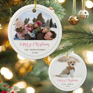 Modern Pink Script Family Dog Christmas Photo Ceramic Ornament