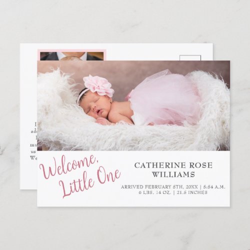 Modern Pink Script Girl Baby Girl Birth  Announcement Postcard