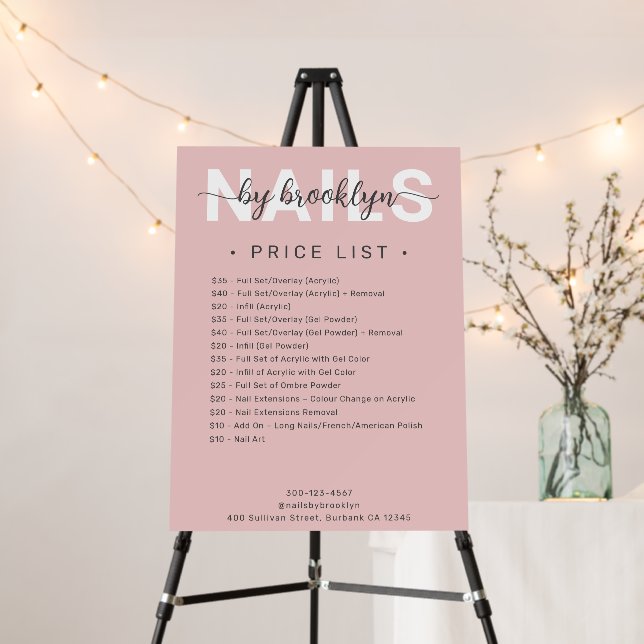 Modern Pink Script Nail Salon Price List Foam Board (In Situ (Stand))