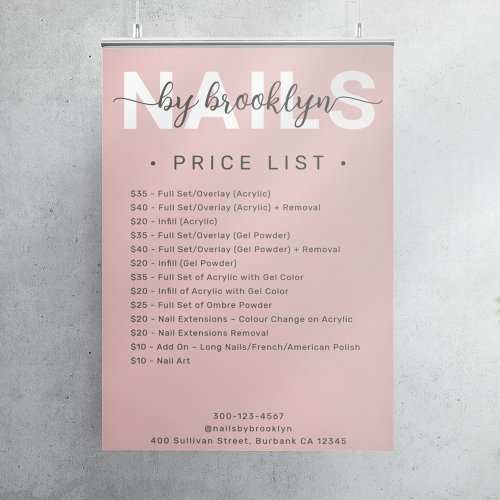 Modern Pink Script Nail Salon Price List  Poster