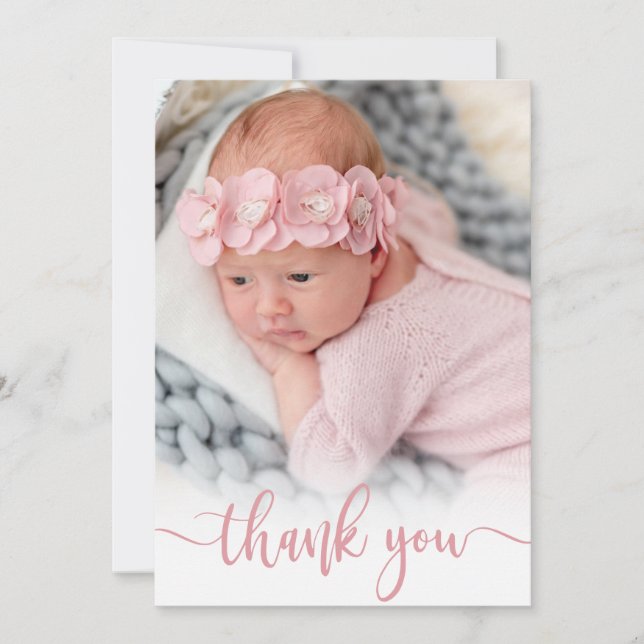 Modern Pink Script Newborn Baby Photo Thank You (Front)