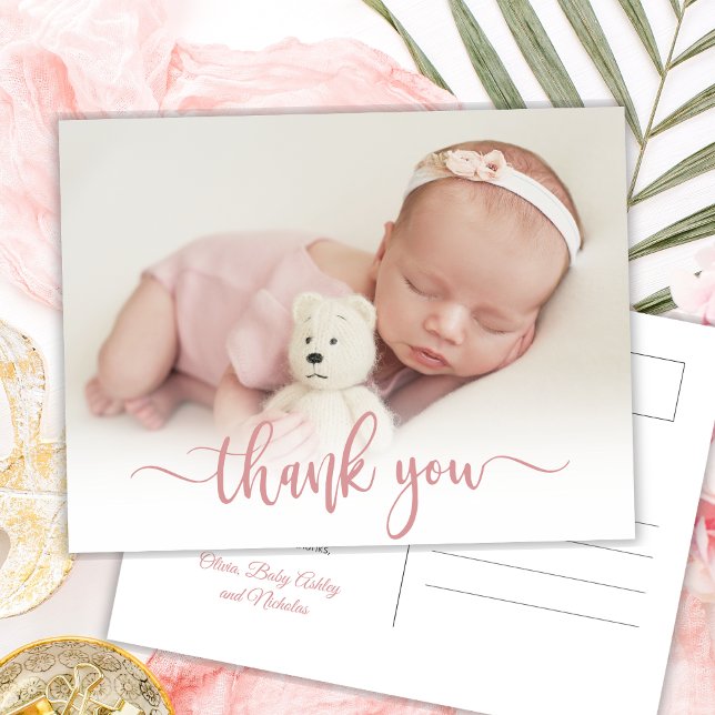 Modern Pink Script Newborn Baby Photo Thank You  Postcard (Creator Uploaded)
