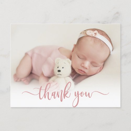 Modern Pink Script Newborn Baby Photo Thank You  Postcard