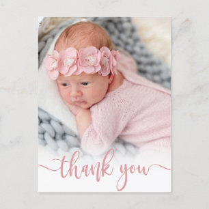 Modern Pink Script Newborn Baby Photo Thank You Postcard