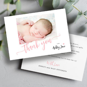 Modern pink script photo baby shower thank you