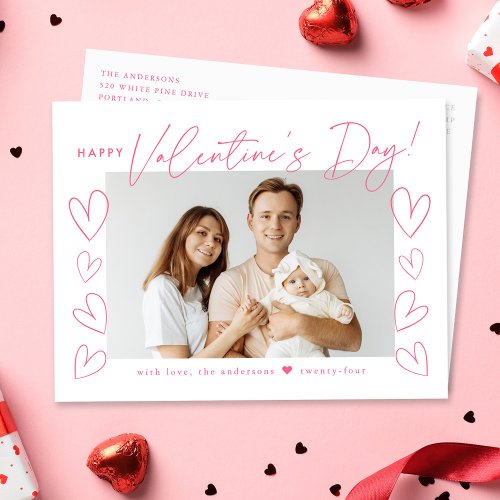 Modern Pink Script Valentines Day Photo Holiday Postcard