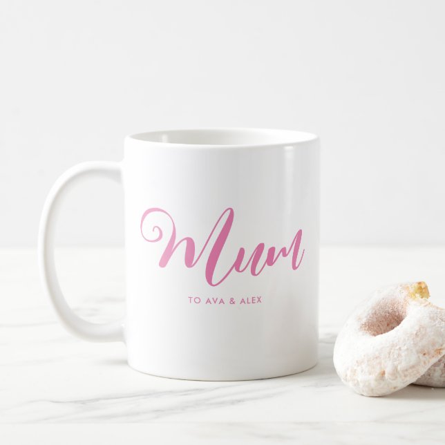 Modern Pink Script with names Mother's Day Mom Coffee Mug (With Donut)