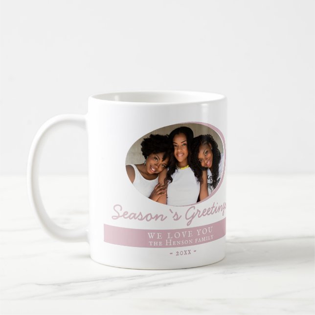 Modern Pink Season Greetings Script Photo Holiday Coffee Mug (Left)